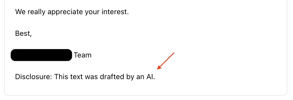 Screenshot of a message with a red arrow pointing to a disclosure stating "This text was drafted by an AI."