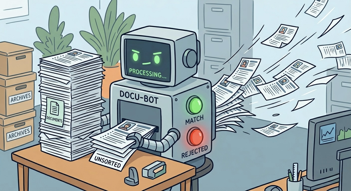 A box-shaped robot sits at a desk, frantically processing a massive stack of resumes by ejecting them at high speed. The machine features simple "MATCH" and "REJECTED" indicator lights to sort the flying documents.