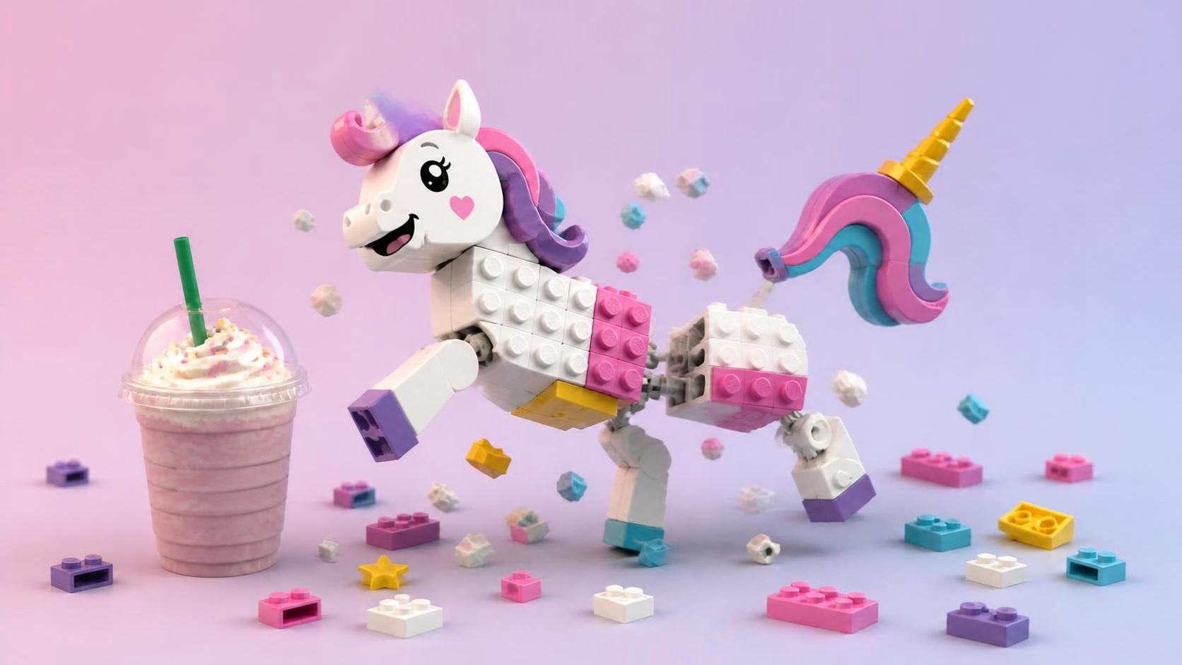 A cheerful Lego-style unicorn, haphazardly assembled with its horn attached to its tail and one leg upside down, falling apart mid-pose with colorful plastic bricks scattered around it. A frappuccino cup sits nearby. Pastel gradient background, soft lighting, isometric view.